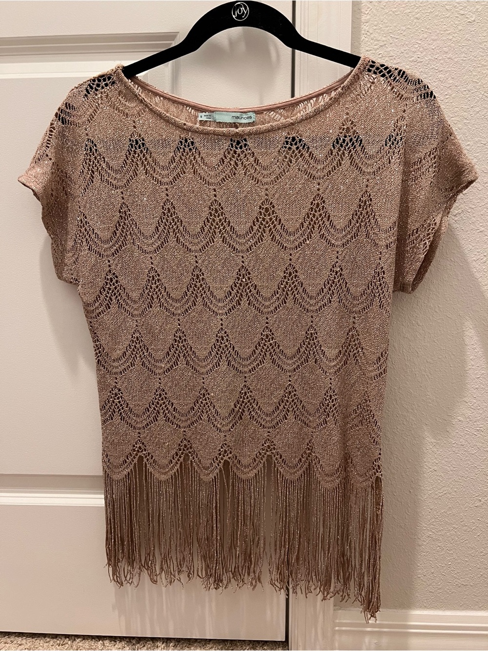 Maurices Metallic Rose Gold Open Knit Fringe Top - Size Small